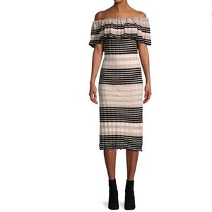 New Free People Womens Off Duty Off-Shoulder Dress, Pink black white stripe knit